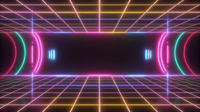 Vibrant neon light grid tunnel with futuristic glow, an abstract retro cyberspace portal in 3D digital render, perfect for gaming or tech backgrounds