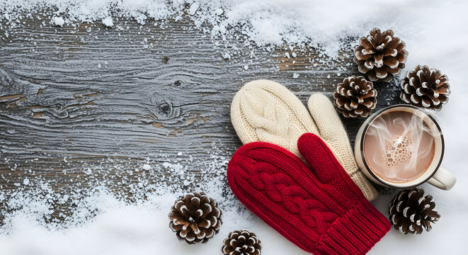Red and cream knitted mittens next to a steaming mug of hot choc