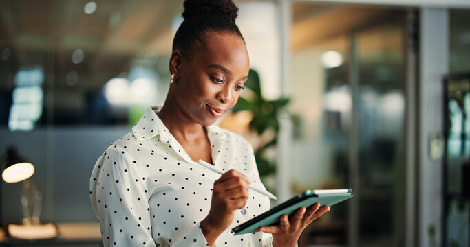 App, ideas and tablet with black woman in office for information, project management or report. Internet, stylus and review with business person in professional workplace for schedule development