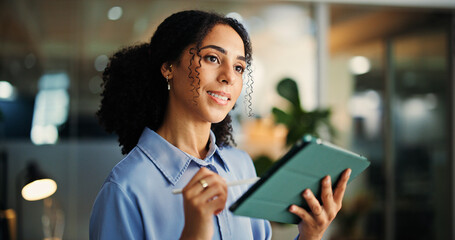 App, ideas and tablet with business woman in office for information, project management or report....