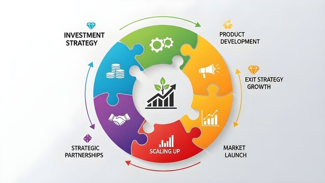 A vibrant infographic illustrating a business growth strategy with a puzzle wheel