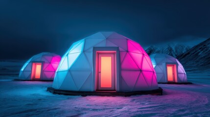 Colorful geodesic domes illuminated at night, surrounded by snow, creating a futuristic and cozy atmosphere in a serene landscape.