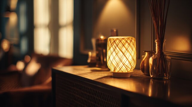 Lit lamp on wooden table with decorative items