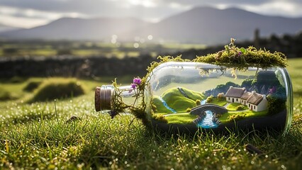 St patrick's day miniature ireland landscape in glass jar with lush green grass and mountains