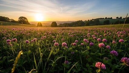 St patrick's day wishes in a vibrant green meadow with pink flowers at sunset