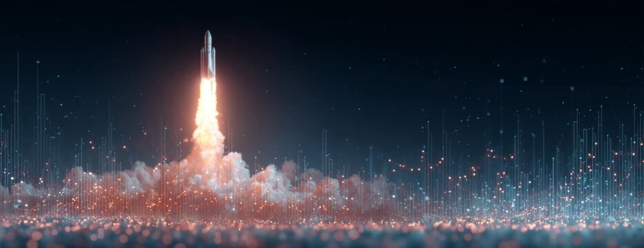 Rocket taking off with glowing data points and graphs symbolizing the dynamic nature of market trends  