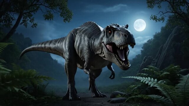 Tyrannosaurus Rex Roaring in Dark Prehistoric Jungle Under Full Moon