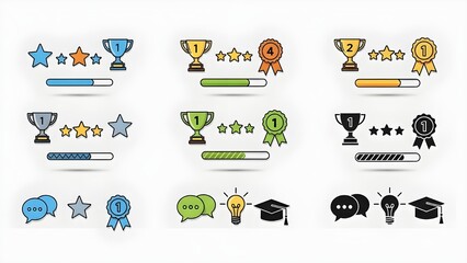 A colorful illustration of various achievement icons and symbols for motivation and success