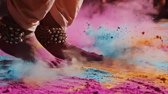 Close-up of a dancer's feet, adorned with ghungroos, kicking up vibrant, happy holi festival powder.