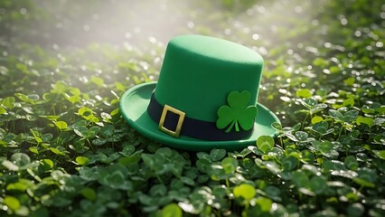 St patrick's day green top hat with shamrock and buckle on lush green shamrocks
