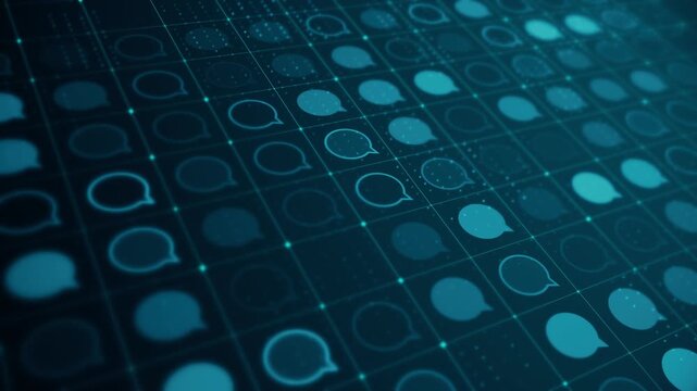 Futuristic Digital Communication Network with Glowing Chat Icons Background-Loopable