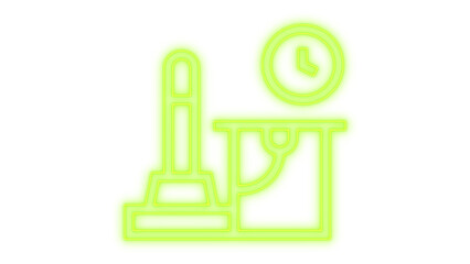Colorful neon glowing outline icon of a vacuum cleaner and a clock, symbolizing efficient time management and modern cleaning services, isolated on transparent background.