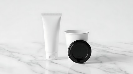 Blank white cosmetic tube and disposable cup with black lid on marble surface.