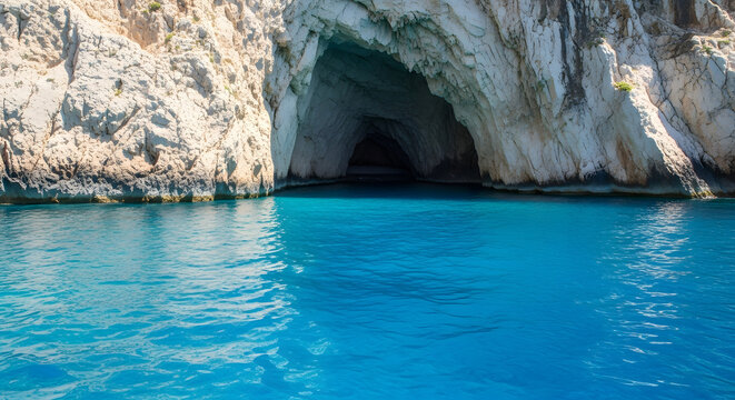 Entrance to a sea cave carved into white limestone cliffs in Zak