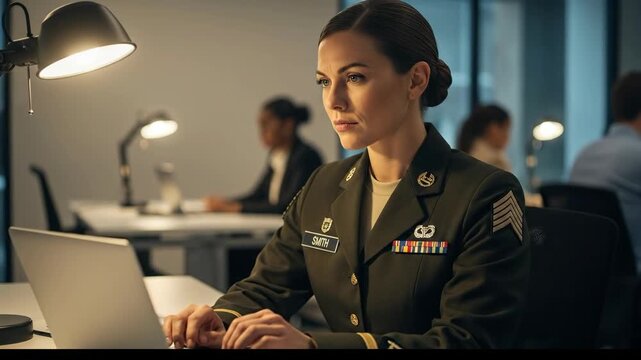 Focused Military Officer in Uniform Working Diligently on Laptop in Modern Office Setting with Well Lit Room and Background Activity