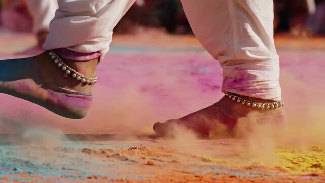 A vibrant close-up of bare feet wearing traditional silver anklets stepping on happy, colorful holi powder.