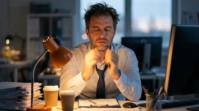 Tired and Stressed Man in Office Surrounded by Paperwork, Coffee, and Dim Lighting, Battling Fatigue and Frustration