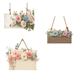 Set of Rustic Wooden Hanging Signs with Spring Watercolor Floral Arrangements