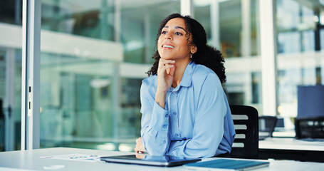 Think, smile or businesswoman in office for planning, investment project reflection or imagine growth. Thoughtful, opportunity daydream or financial analyst with inspiration for profit, happy or idea