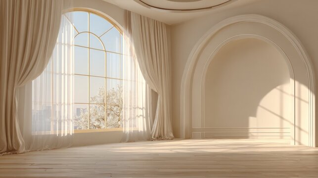 Elegant sunlit interior with arched doorway and window