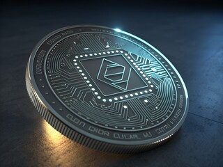 Futuristic silver cryptocurrency coin featuring a central chip design and blockchain technology elements.