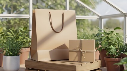 Eco-friendly shopping bag and gift box in a greenhouse setting with plants.