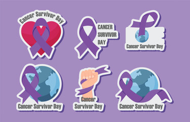 Fototapeta premium Cancer survivor day stickers with purple ribbons and earth
