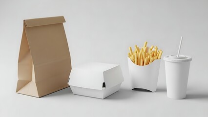 Fast food meal with burger, fries, and drink in paper packaging on a white background.