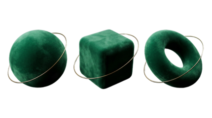 Emerald green velvet geometric shapes with gold rings 3D illustration