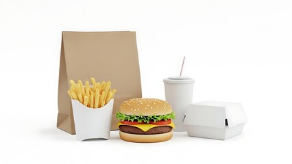 Fast food meal with burger, fries, drink, and takeout bag on white background.