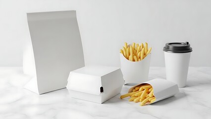 Fast food meal with french fries and a drink in a clean studio setting.