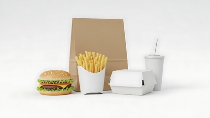 Fast food meal with burger, fries, drink, and takeout bag on white background.
