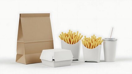 Fast food meal with french fries and drink in paper packaging.