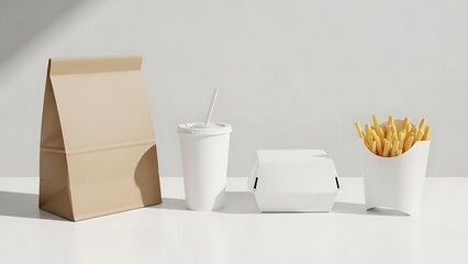 Fast food takeaway meal with french fries and drink in studio setting.