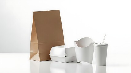 Fast food packaging collection including paper bag, burger box, and cups.