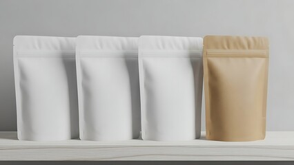 Four blank pouches, three white and one brown, stand in a row on a shelf.