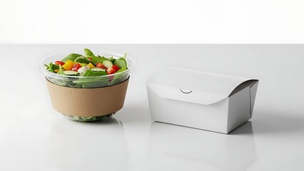 Fresh Salad in a Transparent Container Next to a White Takeout Box.