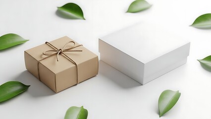 Gift box and blank white box surrounded by green leaves on a white background.