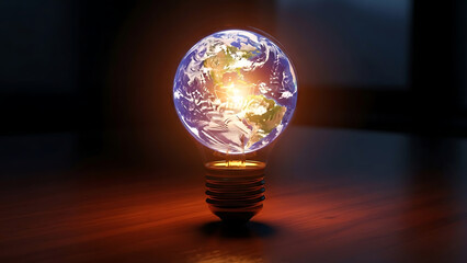 Earth as a glowing light bulb symbolizing global idea or energy