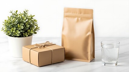 Gift box, coffee bag, and plant on a table.