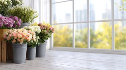 Fototapeta premium Bright sunlit room with white-framed windows, a row of pastel flowers in metal pots on a wooden floor. Morning
