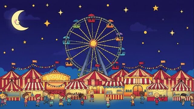 Cartoon Night Carnival Scene Ferris Wheel Kids