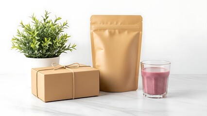 Gift Box, Pouch Bag, and Drink with Plant on White Background.