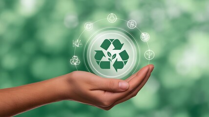 Hand presenting a glowing recycling symbol, encircled by digital eco-icons, representing global sustainability, environmental protection, and a green technology future