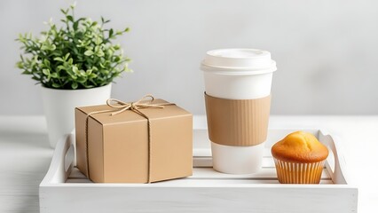 Gift box with coffee and muffin on a tray with a plant.