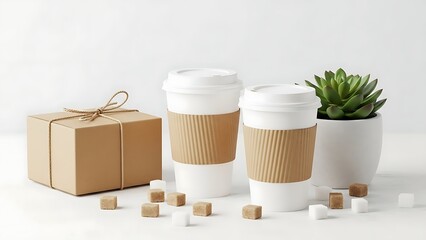 Gift box with coffee cups and sugar cubes on a white table with a plant.