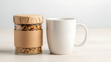 Glass jar filled with granola next to a white ceramic mug on a white surface.