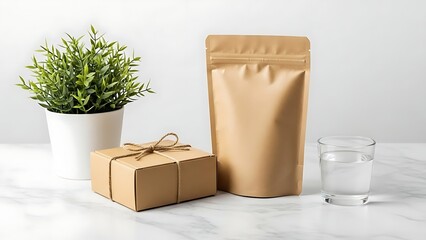 Kraft paper gift box and pouch with green plant and glass jar on marble surface.