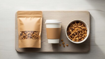 Healthy Granola Snack with Coffee Cup and Packaging.