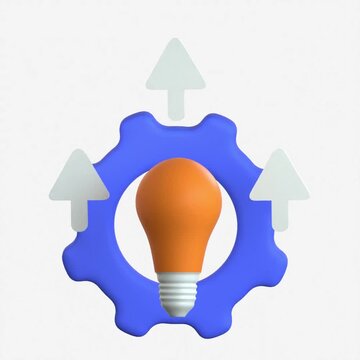 A 3D render of a glowing orange lightbulb inside a blue gear with rising arrows signifying the process of turning ideas into actual value